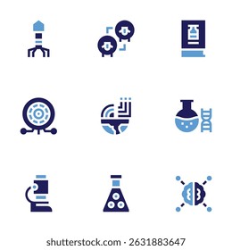 Science icon set. Bold style. Duotone colors. phage, cloning, book, eye, geology, microbiology, microscope, sulphite, brain.