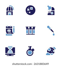 Science icon set. Bold style. Duotone colors. observatory, mercury, microscope, note, test tube, pipette, pc, flask, full moon.