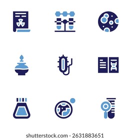 Science icon set. Bold style. Duotone colors. nuclear, chemistry, full moon, fire, cell, book, flask, earth, test tube.