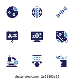 Science icon set. Bold style. Duotone colors. moon, research, dna, laboratory, saturn, microscope, robot, experiment.