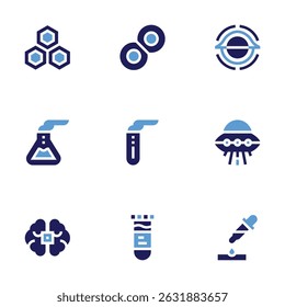 Science icon set. Bold style. Duotone colors. nucleotide, cell, black hole, flask, test tube, ufo, brain, pipette.