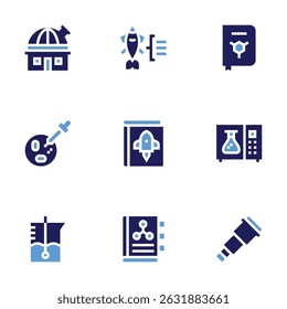 Science icon set. Bold style. Duotone colors. observatory, fish, chemistry, petri dish, book, microwave, beaker, biology, telescope.