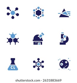 Science icon set. Bold style. Duotone colors. molecule, prism, structure, observatory, microscope, ultra chlorine, full moon.