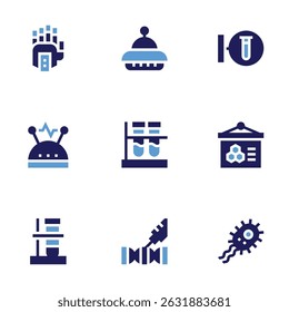 Science icon set. Bold style. Duotone colors. mechanical, ufo, lab, electricity, test tube, presentation, tube, dna structure, bacteria.