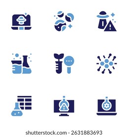 Science icon set. Bold style. Duotone colors. laptop, planet, ufo, chemical, research, enzyme, database table, catalyst.
