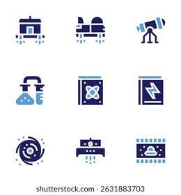 Science icon set. Bold style. Duotone colors. house, car, stargazing, genetics, book, galaxy, ufo, video.