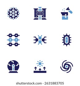 Science icon set. Bold style. Duotone colors. hpv, laboratory, reaction, tissues, molecule, bacteria, plasma ball, refraction, vortex.