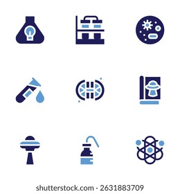 Science icon set. Bold style. Duotone colors. innovation, flask, petri dish, test tube, ufo, magazine, wash bottle, atom.