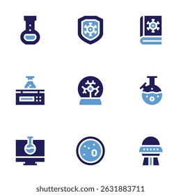 Science icon set. Bold style. Duotone colors. flask, protected, book, scale, plasma ball, chemistry, petri dish, ufo.