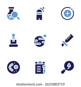 Science icon set. Bold style. Duotone colors. flask, observatory, proton, packing, planet, pipette, petri dish, document, search.