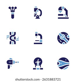 Science icon set. Bold style. Duotone colors. flask, microscope, dna, mars, blaster, plasma ball, planet.