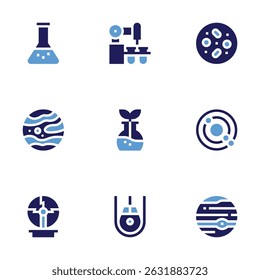 Science icon set. Bold style. Duotone colors. flask, laboratory, cells, mars, orbit, plasma ball, space capsule, jupiter.