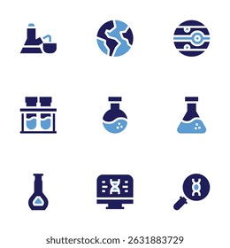 Science icon set. Bold style. Duotone colors. flask, earth, mars, chemical, chemistry, dna.
