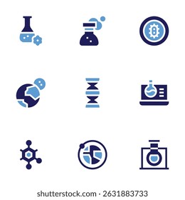 Science icon set. Bold style. Duotone colors. chemistry, flask, bacteria, moon, dna, structure, orbit.