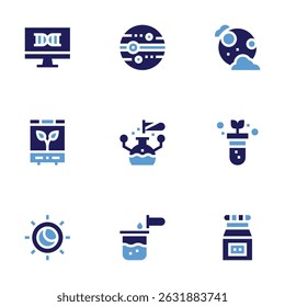 Science icon set. Bold style. Duotone colors. dna, neptune, full moon, incubator, research, gmo, eclipse, chemical, toxic chemical.