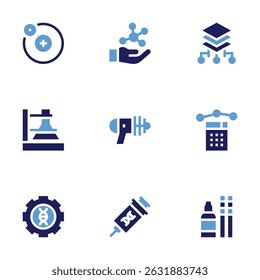 Conjunto de iconos de Ciencia. Estilo audaz. Colores duotónicos. electrón, biología, capas, química, pistola de juguete, matemáticas, terapia genética, bioingeniería.