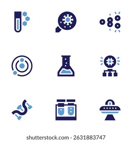 Science icon set. Bold style. Duotone colors. chemistry, virus, cell division, solar system, flask, innovation, genetics, test tube, ufo.
