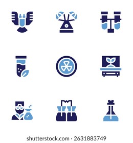 Science icon set. Bold style. Duotone colors. deformity, space capsule, test tube, tube, nuclear, incubator, scientist, flask, erlenmeyer.