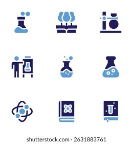 Science icon set. Bold style. Duotone colors. chemical, science, flask, science fair, science book.
