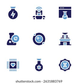 Science icon set. Bold style. Duotone colors. chemical, robot, chemistry, biology, astronomy, observatory, nanotechnology.