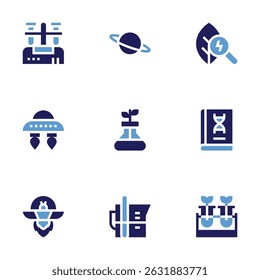 Science icon set. Bold style. Duotone colors. centrifuge, planet, research, ufo, lab, book, beaker, test tubes.