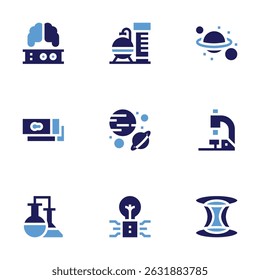 Science icon set. Bold style. Duotone colors. brain, nuclear, saturn, slides, planets, microscope, chemical, intellect, wormhole.