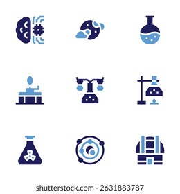 Science icon set. Bold style. Duotone colors. brain, full moon, flask, bunsen burner, chemistry, test tube, universe, observatory.
