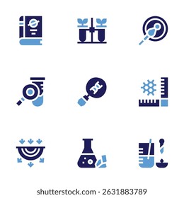 Science icon set. Bold style. Duotone colors. book, test tube, fertilization, search, dna, nanoscale, geology, ecological, lab.