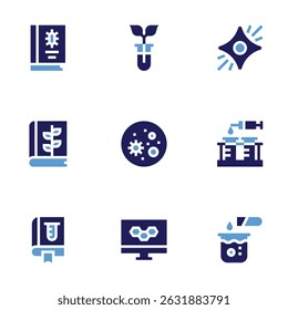 Conjunto de iconos de Ciencia. Estilo audaz. Duotone colores. libro, biología, supernova, botánica, virus, tubos de ensayo, monitor, reacción química.