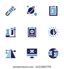 Conjunto de iconos de Ciencia. Estilo audaz. Prueba de sangre, planetas, ADN, laboratorio médico, informe, día y noche, capas, estructura de ADN, urano.