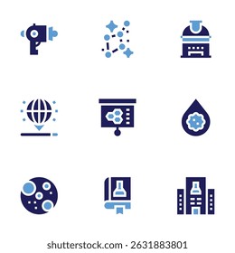 Science icon set. Bold style. Duotone colors. blaster, constellation, observatory, hologram, presentation, blood, mars, book, research center.