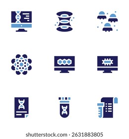 Science icon set. Bold style. Duotone colors. biology, wormhole, ufo, fat, bond, cell, research, tube, experiment.
