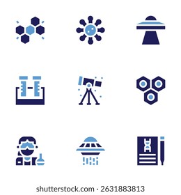 Science icon set. Bold style. Duotone colors. atom, measles, ufo, test tubes, telescope, nucleotide, scientific, biology.