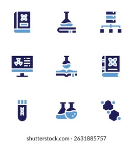 Science icon set. Bold style. Duotone colors. science, data science, test tube, molecular structure.
