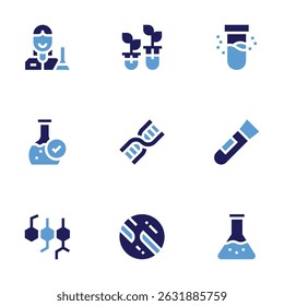 Science icon set. Bold style. Duotone colors. scientist, test tube, lab, dna, molecules, venus, flask.
