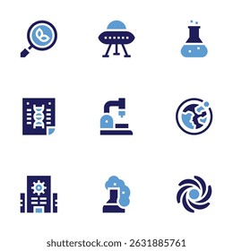 Science icon set. Bold style. Duotone colors. search, ufo, flask, poster, microscope, orbit, research center, black hole.