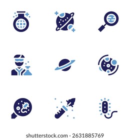 Science icon set. Bold style. Duotone colors. science, saturn, research, scientist, metabolism, examine, botany, prokaryotic.