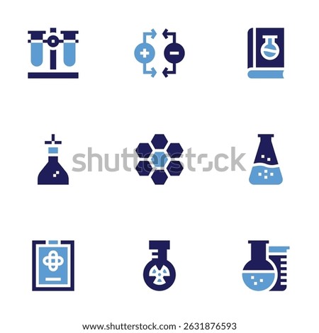 Science icon set. Bold style. Duotone colors. test tubes, chemical reaction, clipboard, magnet, book, cell, flask.