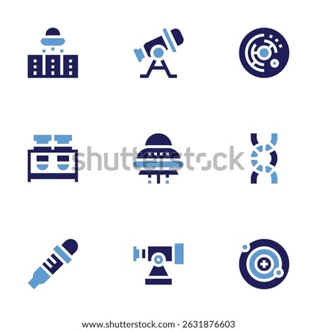Science icon set. Bold style. Duotone colors. ufo, telescope, cell, flask, dna, pipette, neutron.