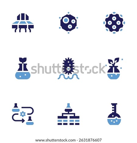 Science icon set. Bold style. Duotone colors. ufo, gmo, research, virus, bacteria, botany, database table, flask.