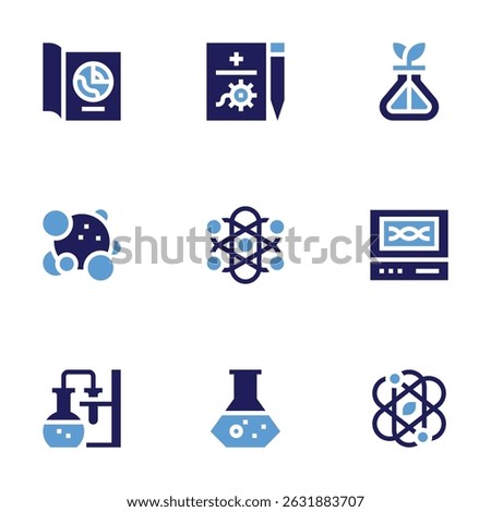 Science icon set. Bold style. Duotone colors. geology, medical report, flask, staphylococcus, physics, testing, chemistry, research, science.