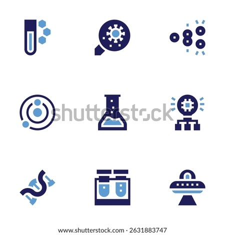 Science icon set. Bold style. Duotone colors. chemistry, virus, cell division, solar system, flask, innovation, genetics, test tube, ufo.