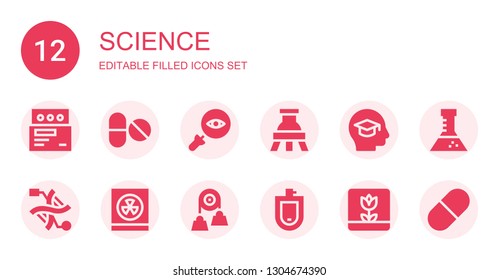 science icon set. Collection of 12 filled science icons included Medicine, Pills, Glass, Flask, Education, Dna, Radioactivity, Pulley, Urinal, Macro, Pill