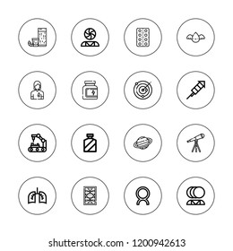 Science icon set. collection of 16 outline science icons with blood donation, comet, donor, flask, glass, mental health, lungs, pills, planet, shot, robot arm, protein icons.