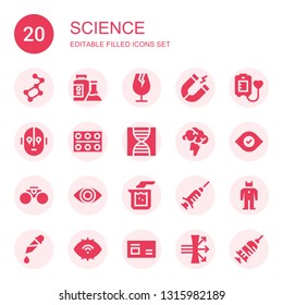 science icon set. Collection of 20 filled science icons included Ursa major, Flask, Glass, Magnet, Blood donation, Science fiction, Pills, Dna, Brainstorming, Eye, Binoculars