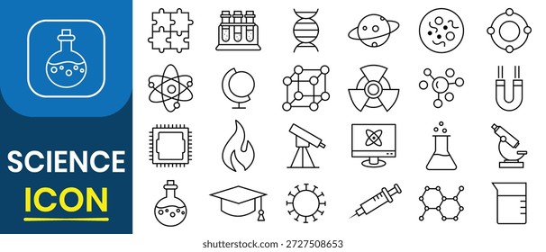 Coleção de conjuntos de ícones científicos. Conjunto de 24 ícones relacionados à ciência, equipamento de laboratório, química, bio, reação, descoberta, frasco, medicina e medicina. Ilustração vetorial do ícone de linha sólida.