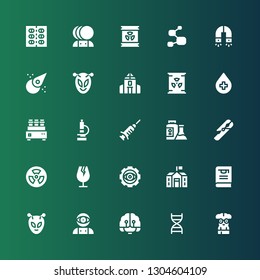 science icon set. Collection of 25 filled science icons included Nerd, Dna, Artificial intelligence, Alien, Thesis, School, Visibility, Glass, Radiation, Test tube, Flask, Vaccine