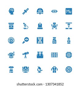 science icon set. Collection of 25 filled science icons included Petri dish, Lab coat, Microscope, Research, Nerd, Cpu, Pills, Blood sample, Telescope, Astronaut, Medicine, Dna