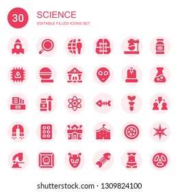 science icon set. Collection of 30 filled science icons included Rocket, Magnifying glass, Earth grid, Intelligence, Flask, Chip, Pills, College, Alien, Microscope, Literature