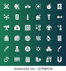 science icon set. Collection of 36 filled science icons included Magnet, Tube, Pills, Drug, Ram, Molecule, Pipette, Benzene, Molecules, Radiation, Flask, Microscope, Atom, Nuclear